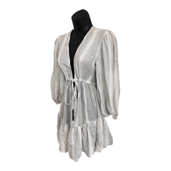 Blue Island white silver metallic low cut blouson sleeve embroidered mini dress - Picture 2 of 16